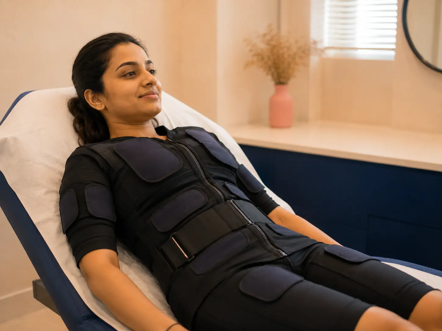 Patient attending a maintenance EMS toning session at Smart Surgeons Trivandrum to sustain existing muscle definition