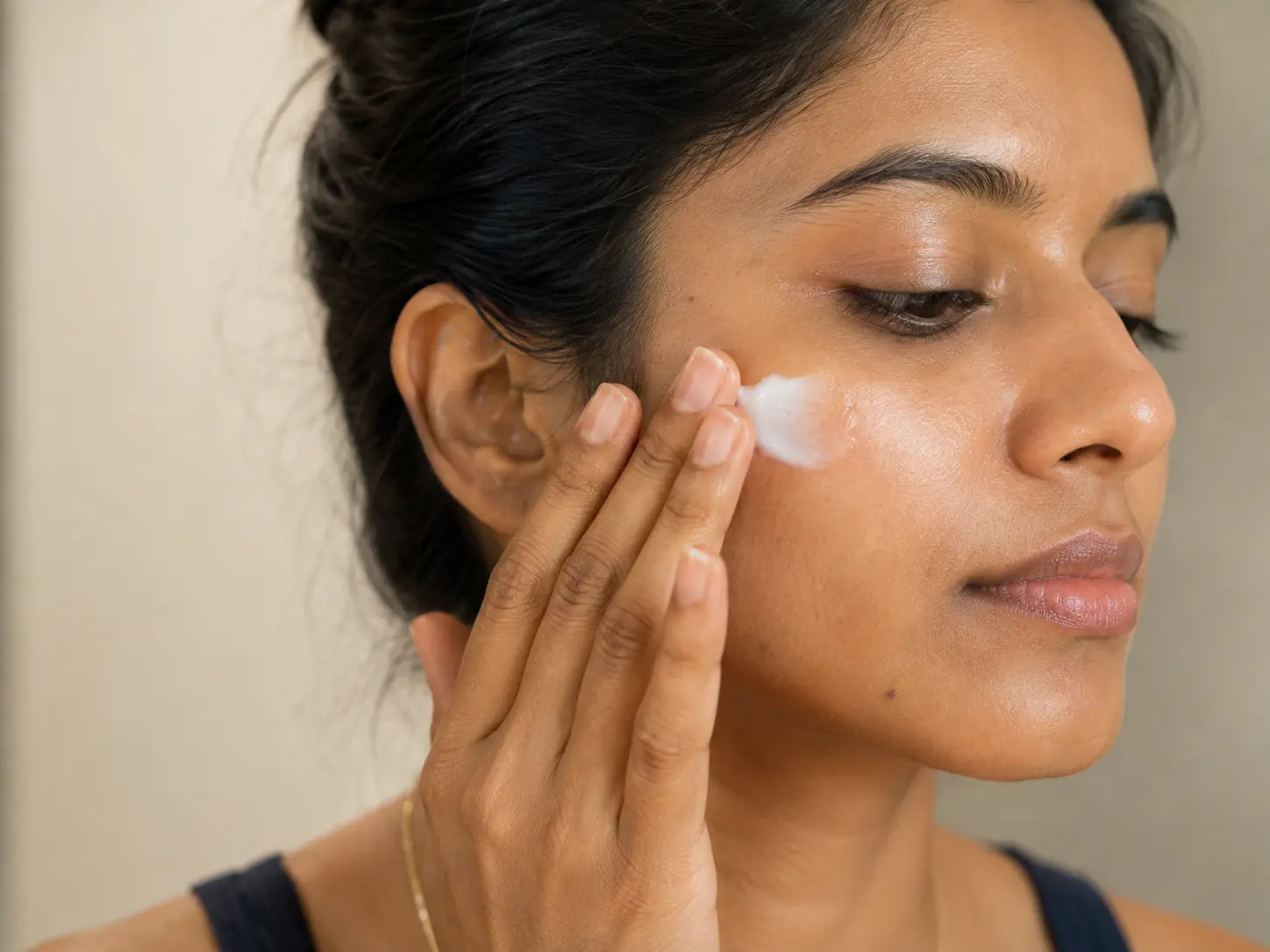 Patient applying prescription-strength topical treatment and sunscreen as part of a pigmentation maintenance protocol