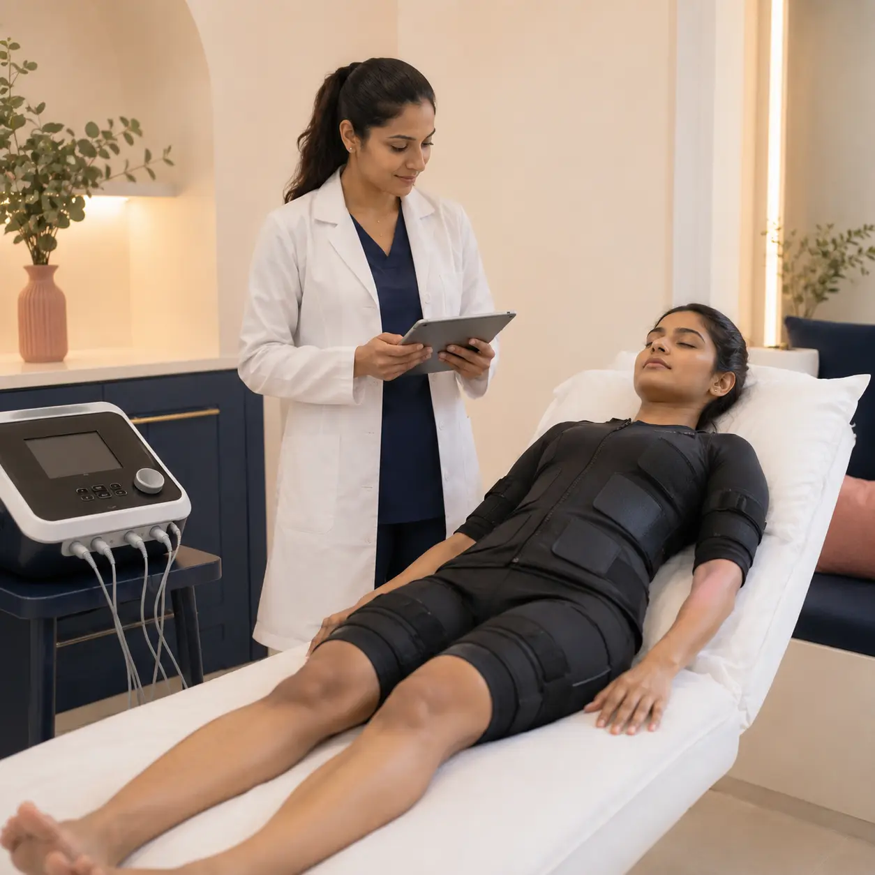 Patient reclined comfortably during an in-clinic Whole Body EMS session at Smart Surgeons Trivandrum, with electrodes placed on the skin under doctor supervision